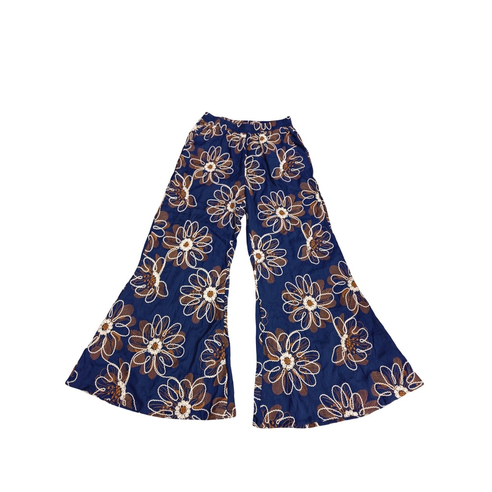 Anniewear Los Angeles Navy Blue Floral Embroidered Wide Leg Flare Pants L NEW